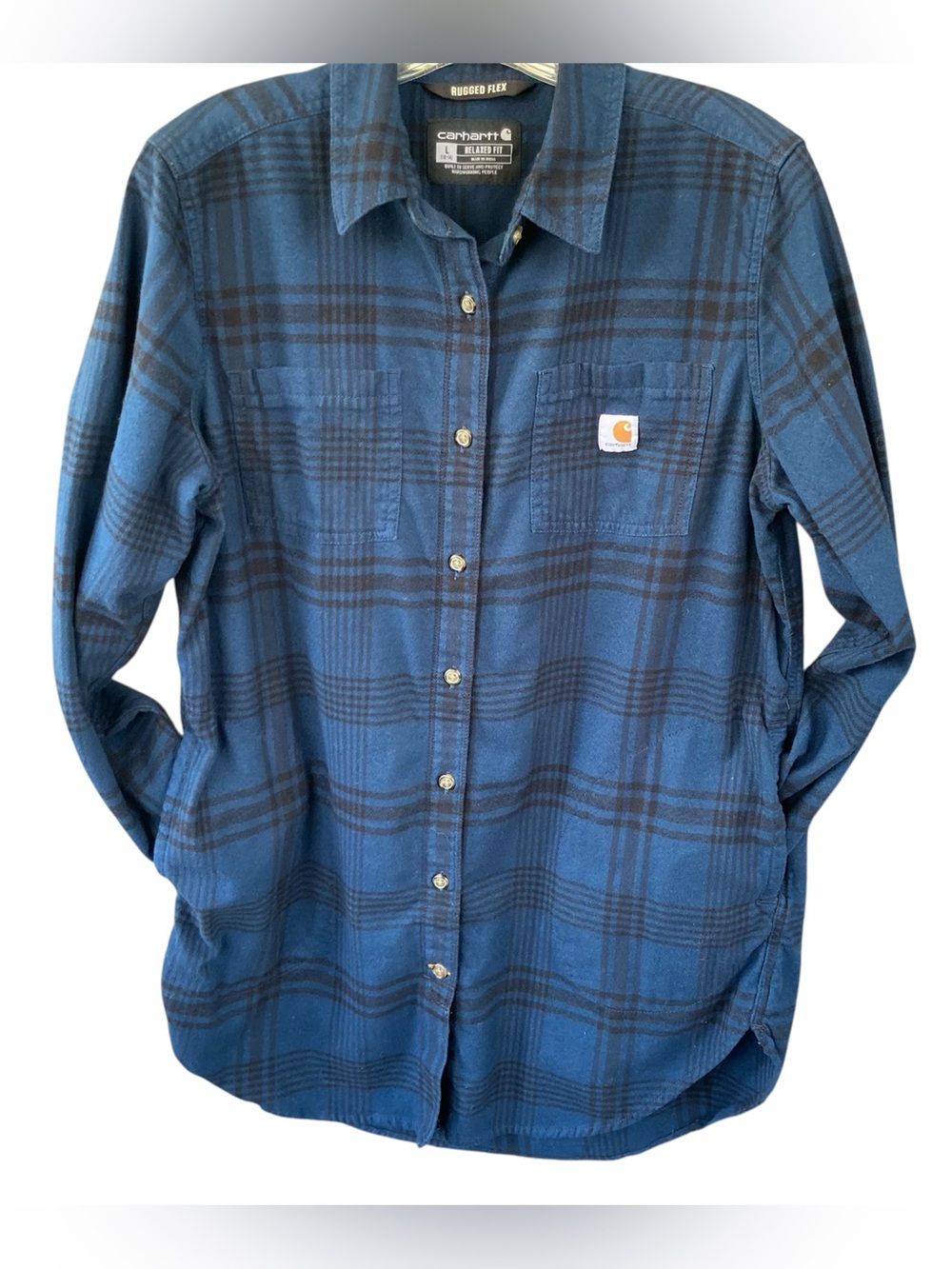 Carhartt Rugged Flex Relaxed Midweight Plaid Flannel Tunic Shirt w/ Pockets Blue